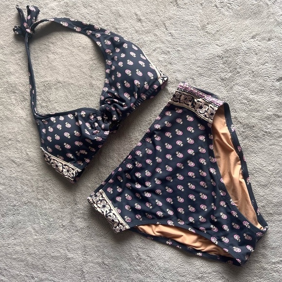 J. Crew Ring Halter Two-Piece Best Buds Floral Bikini Swimsuit Midnight S/M - Picture 1 of 15